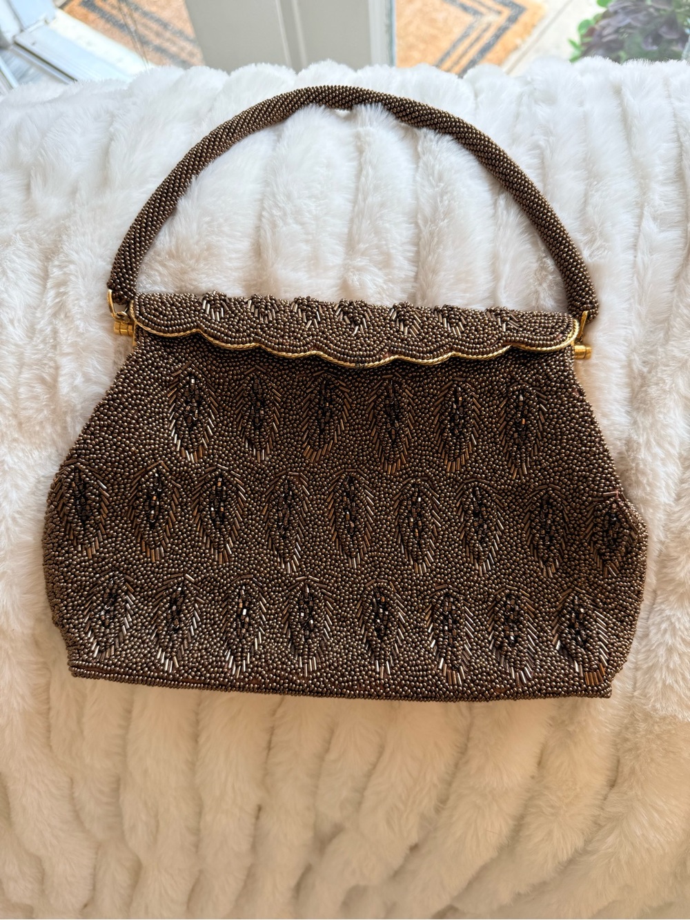 Vintage Bronze Beaded Handbag with Gold Trim - Women's Evening Bag